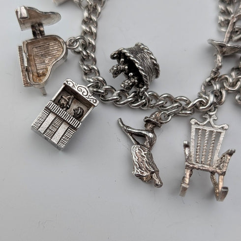 British vintage sterling silver charm bracelet 48g